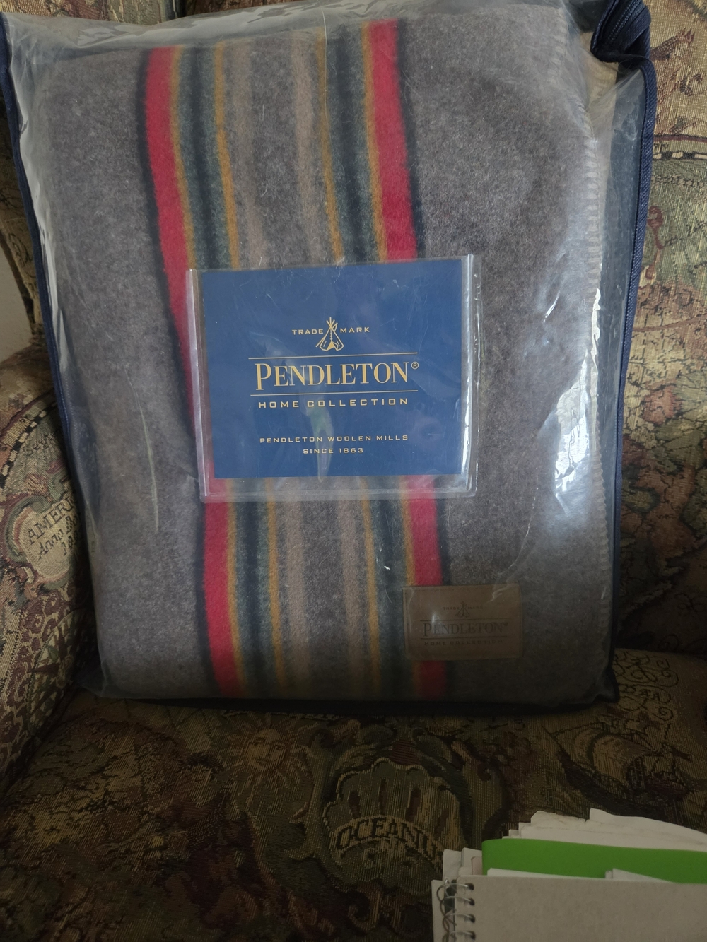 Pendleton Woolen Mills Striped Wool Blanket - Gray with Red & Gold Stripes